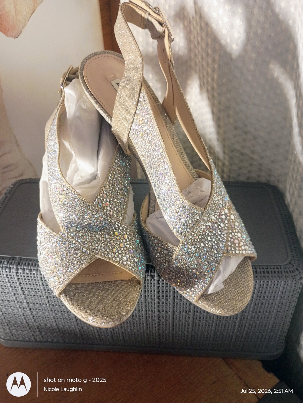 Alex Marie Gold Crystal Embellished Wedge Sandals